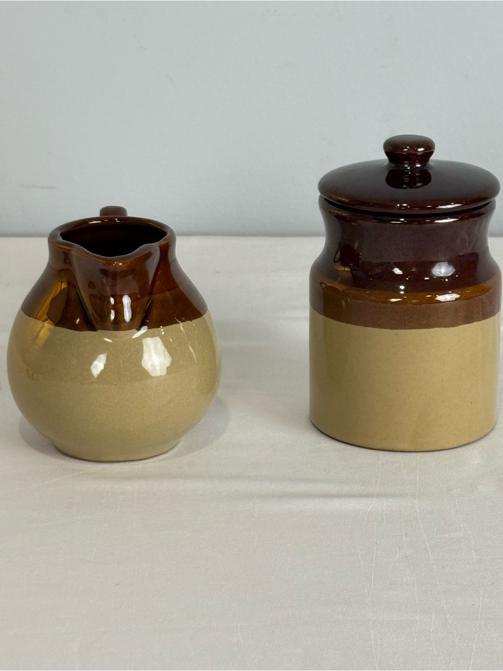 Vintage Brown/Tan Creamer & Sugar Pottery Crocks- Retro